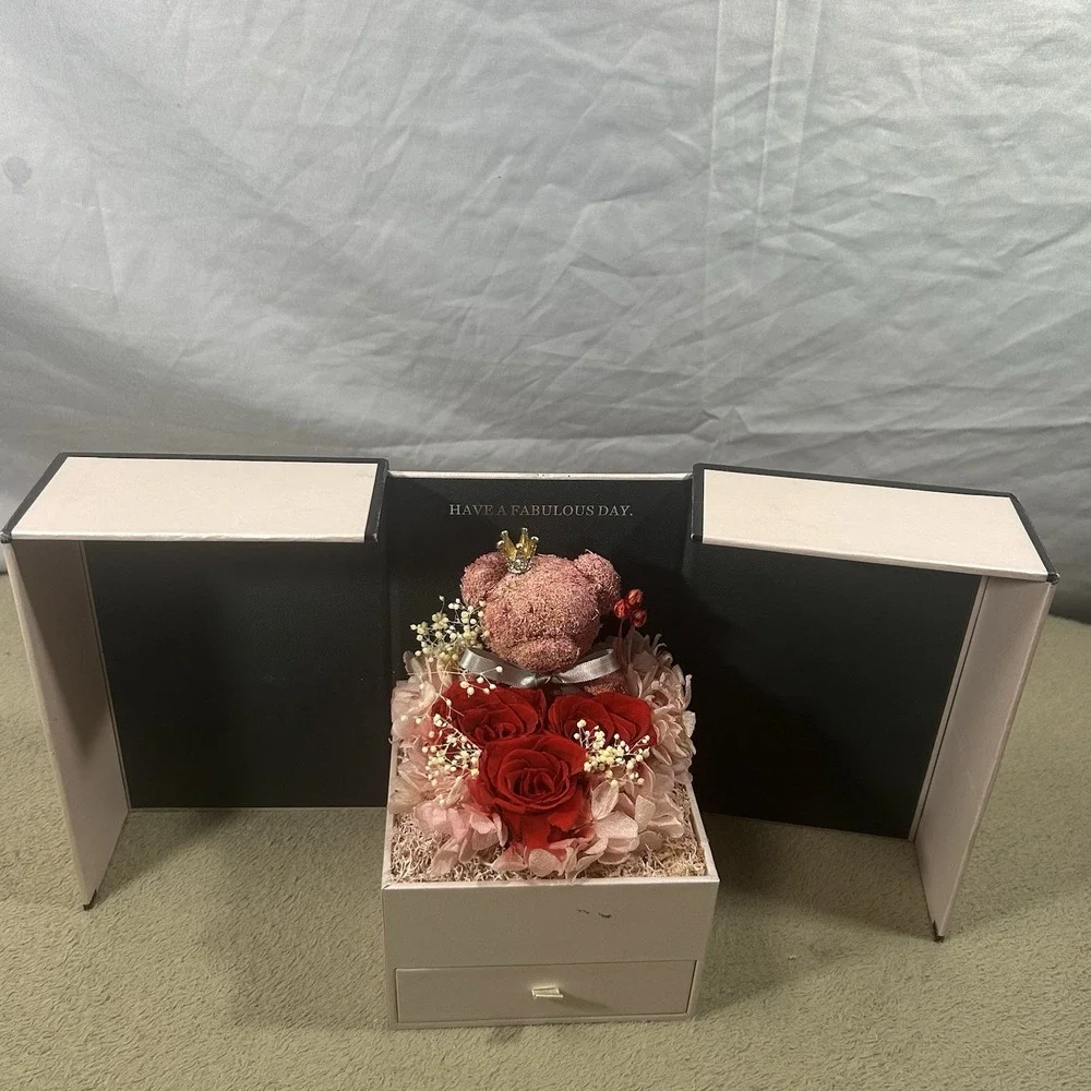 Rose Teddy Bear Jewelry Gift Box Drawer Red Roses Pink Bear Crown Decor